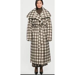 Norma kamali Bark Box Plaid Green High Collar Sleeping Bag Long Coat Sz M/L NWT
